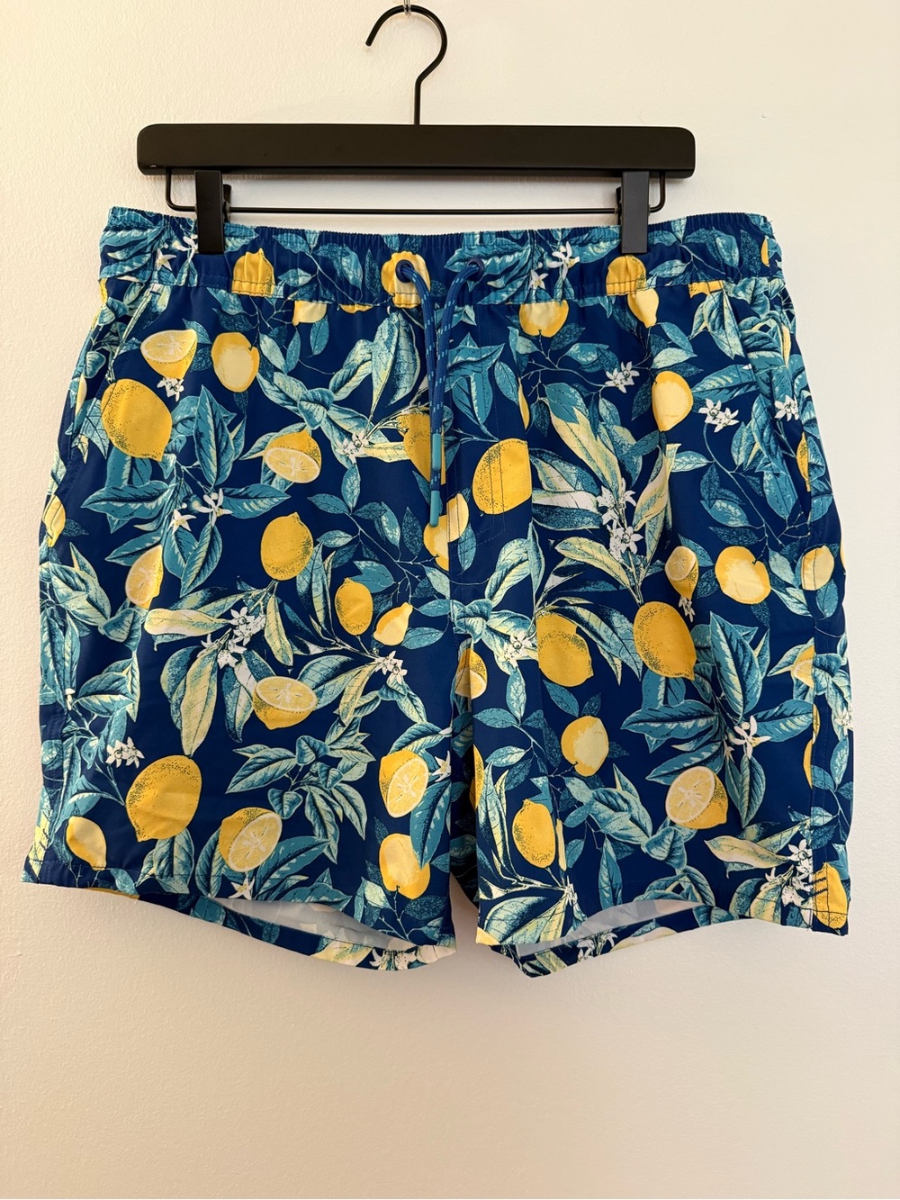 IZOD Saltwater Lemon Print Swim Trunks Boxer Brief Liner Blue Yellow Large